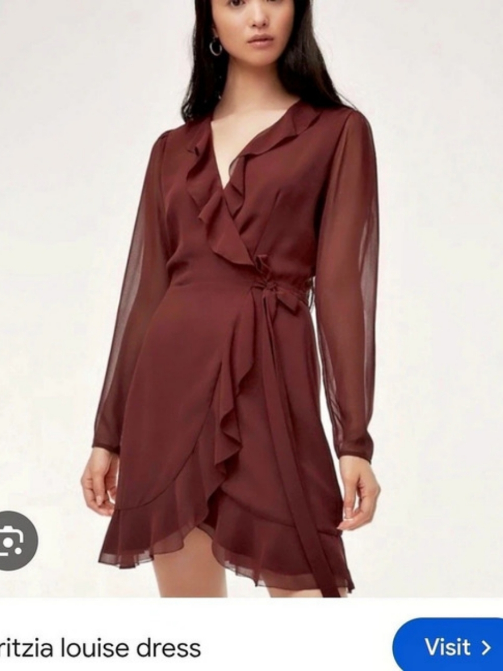 Aritzia Louise Dress Ruffle Wrap Midi Dress in Burgundy Like New Size Small